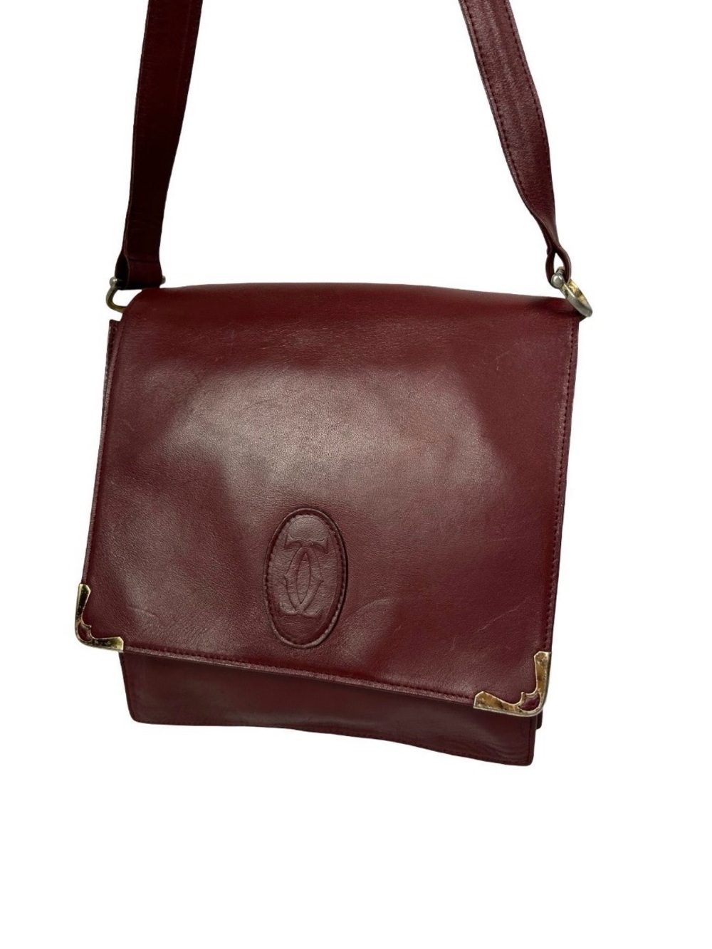 Cartier Bordeaux Leather Crossbody Bag with Gold Plaque